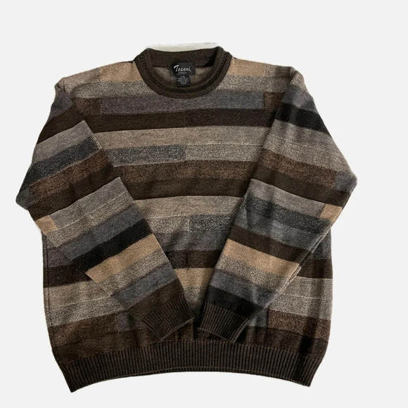Vintage Tosani Men’s Crewneck Sweater Large Wool blend Brown Tan Striped - Picture 3 of 8